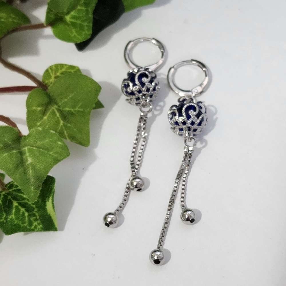 Silver Stainless Steel and Blue Ball Drop Earrings